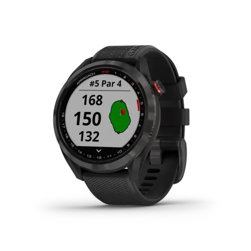 Garmin Approach S42 Golf GPS Smartwatch black angled left with golf course