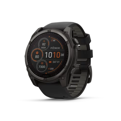 Garmin fēnix 8 solar smartwatch 51mm carbon grey titanium with black and grey silicone band