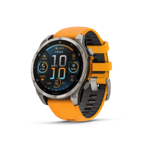 Garmin fēnix 8 47mm AMOLED smartwatch in sapphire titanium with orange fitness stats